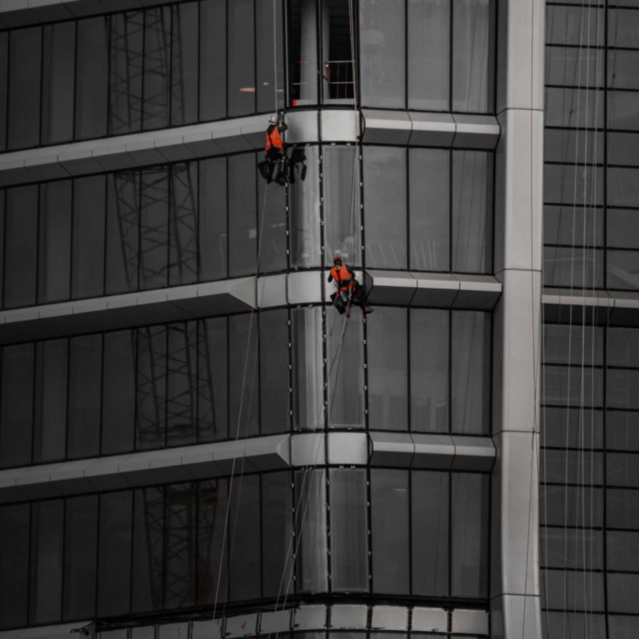 Zwei Arbeiter reinigen die Fenster an einem modernen Hochhaus. Höhenarbeit Industrieklettern Fenster Hochhaus reinigen